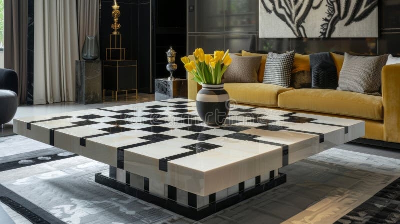 A Square Coffee Table With A Bold Black And White Checked Pattern Stock 