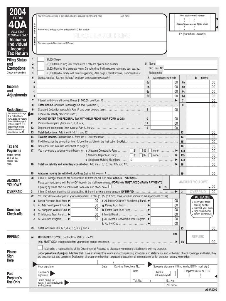 Alabama Individual Income Tax Return Form 40 Fillable Printable Forms 