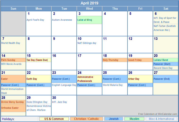April 2019 Calendar With Holidays As Picture