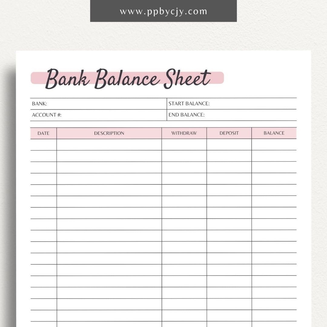 Bank Account Balance Sheet Printable Financial Tracking Tool Balance 