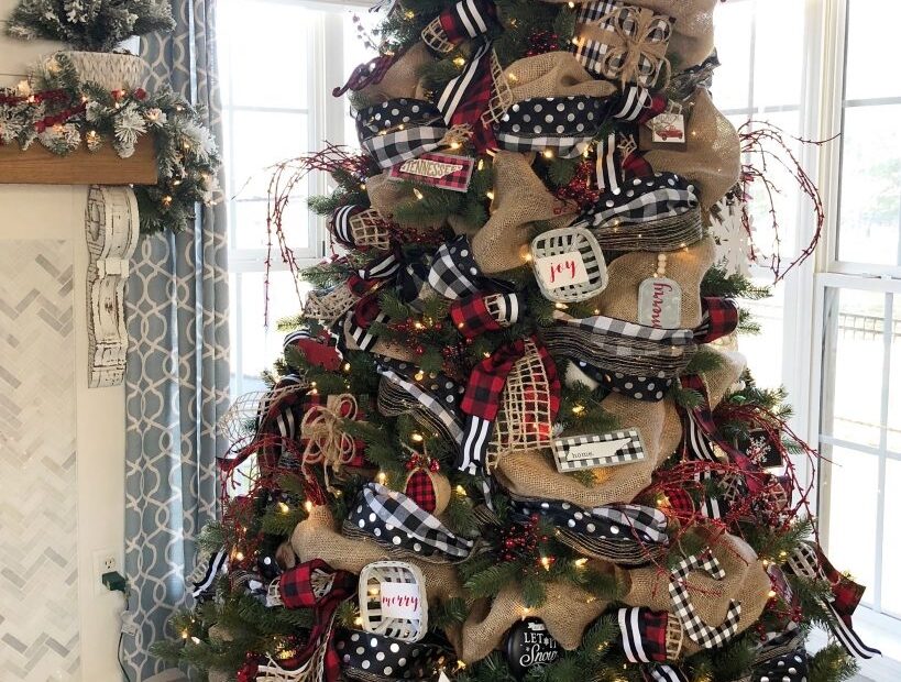 Buffalo Check Christmas Tree Decorated With Ribbon Ornaments And