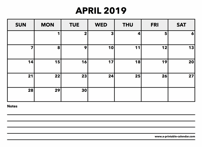 Calendar April 2019 A Printable Calendar