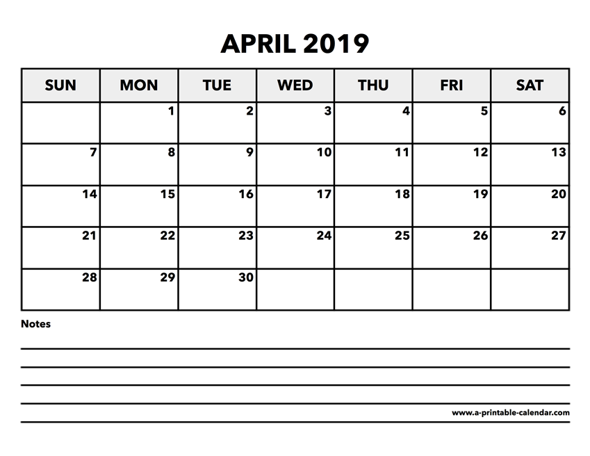 Calendar April 2019 A Printable Calendar