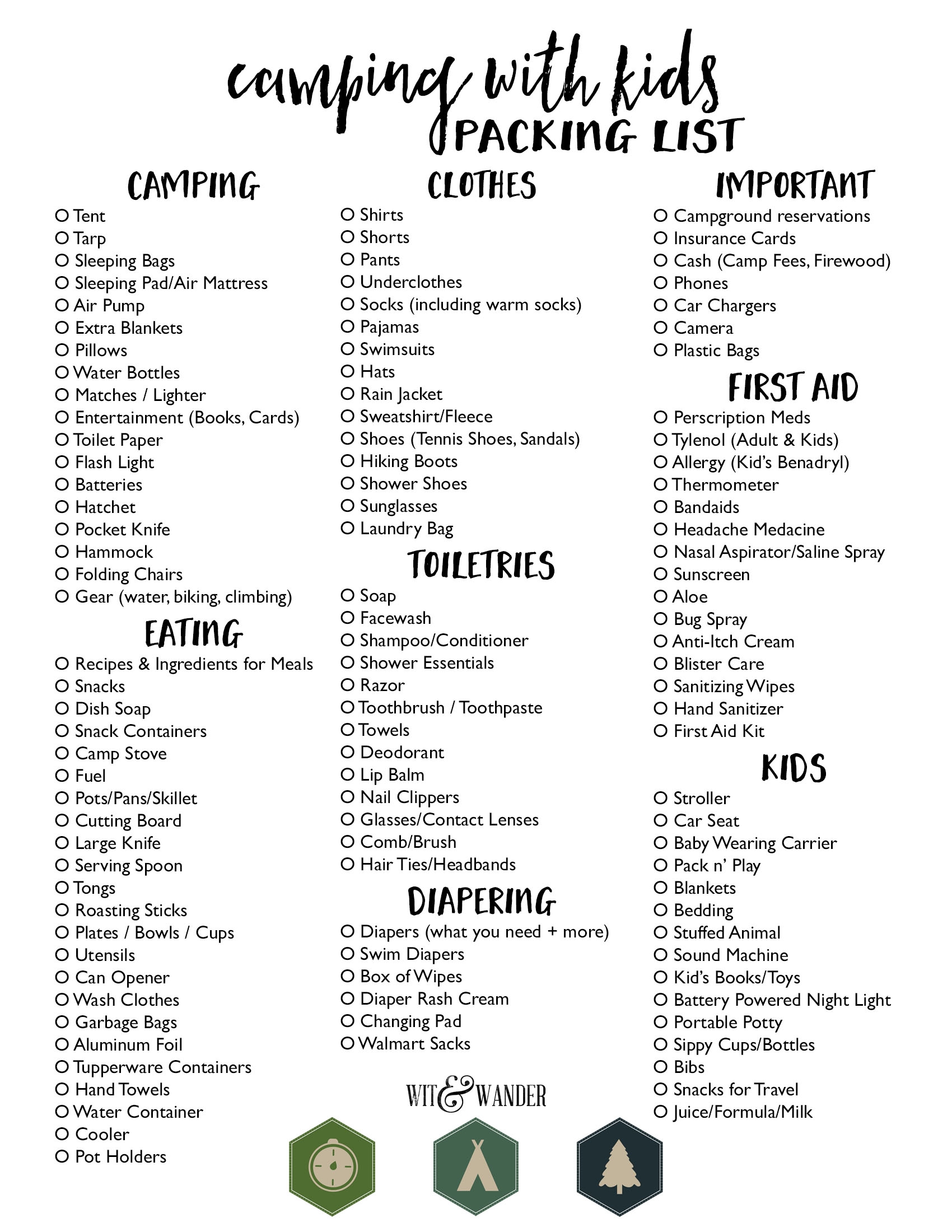 Camping Pack List Printable