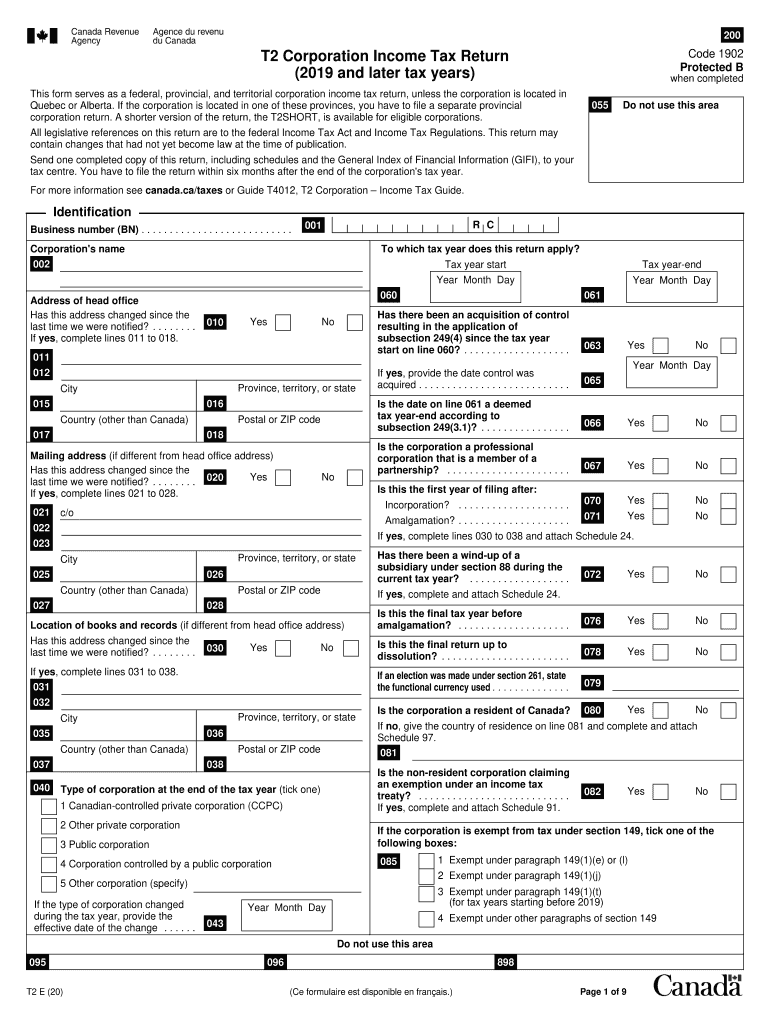 Canada T2 Corporation Income Tax Return 2020 2022 Fill And Sign 