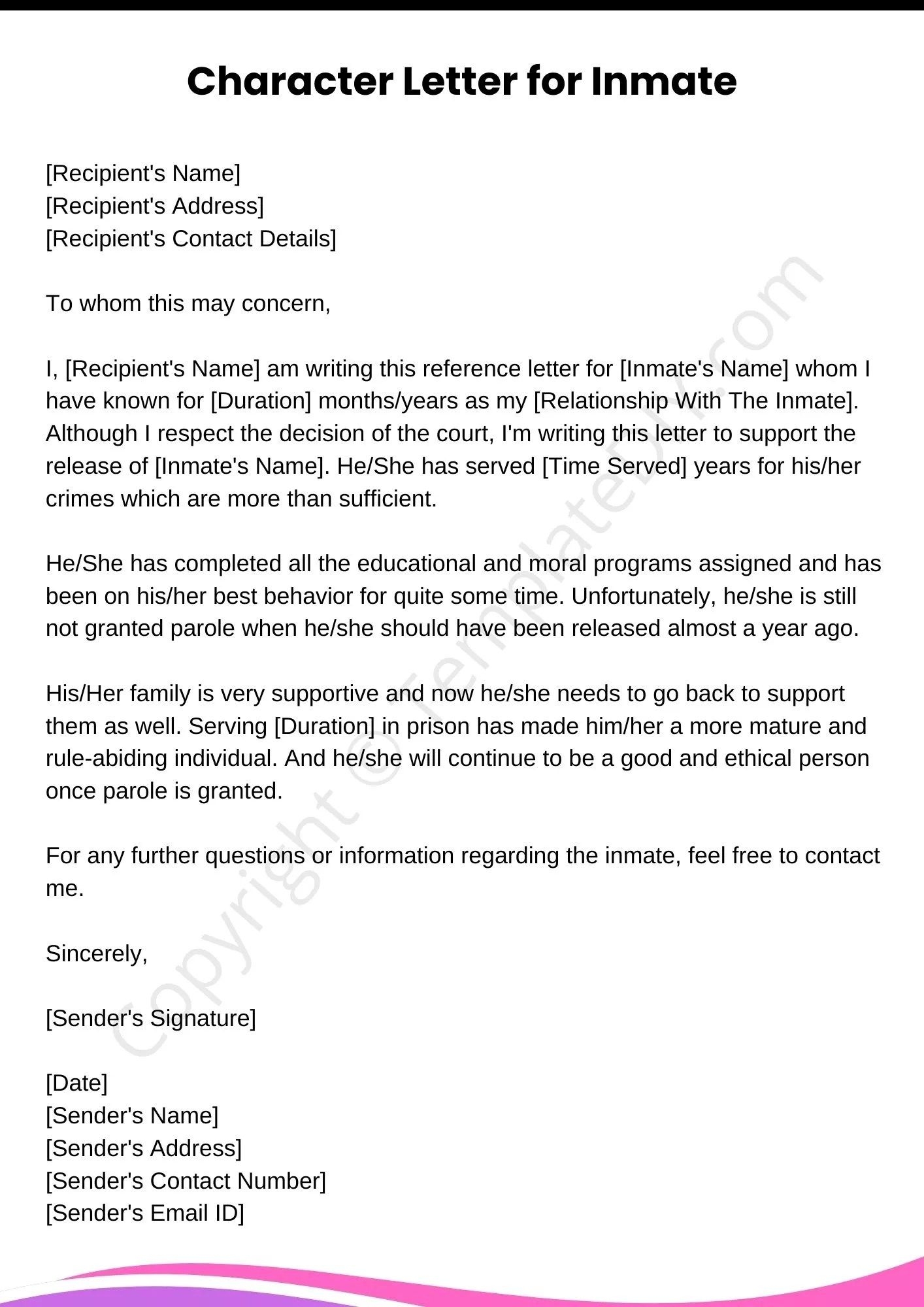 Character Letter For Inmate Sample Template In Pdf Word Character 
