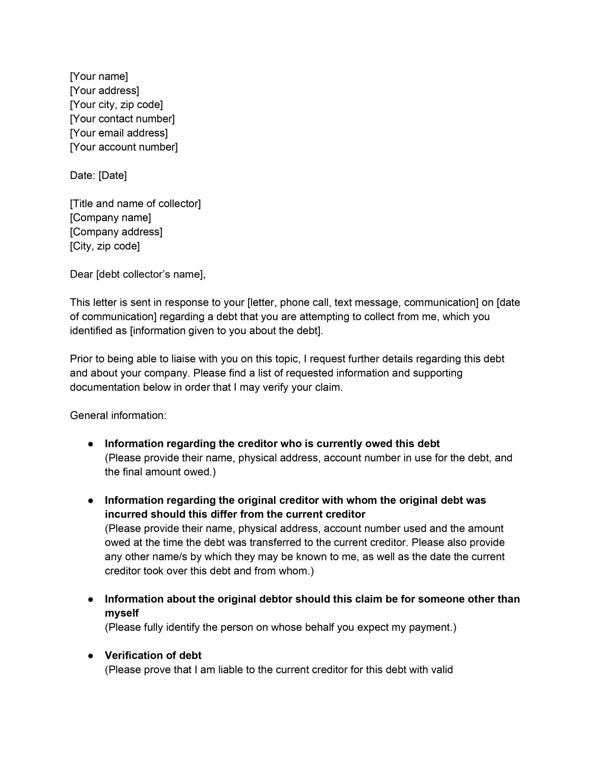 Debt Verification Letter Template