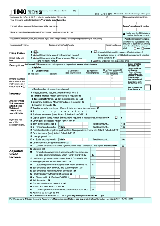 Fillable Form 1040 U s Individual Income Tax Return 2013 Printable 