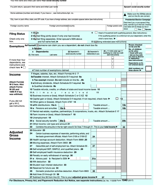 Fillable Form 1040 U s Individual Income Tax Return 2017 Printable