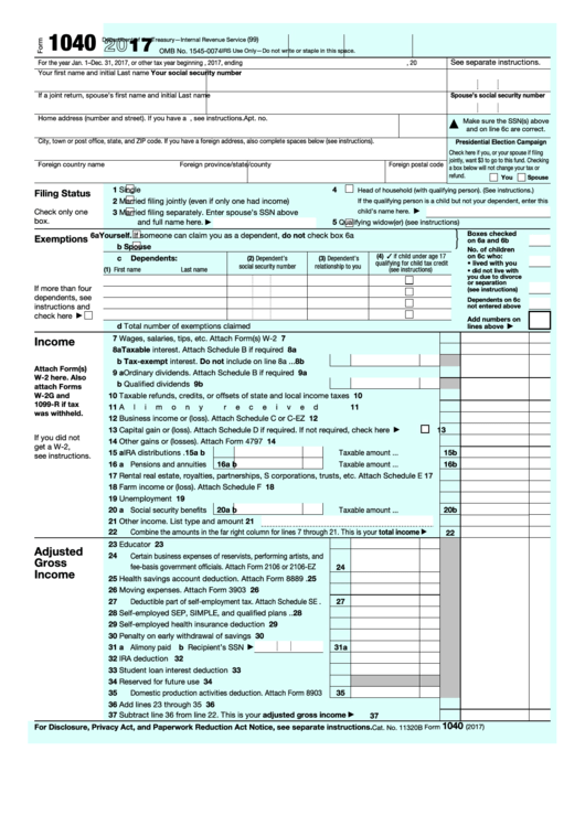 Fillable Form 1040 U s Individual Income Tax Return 2017 Printable 