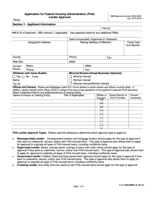 Fillable Form Hud 92001 A Application For Federal Housing Printable 