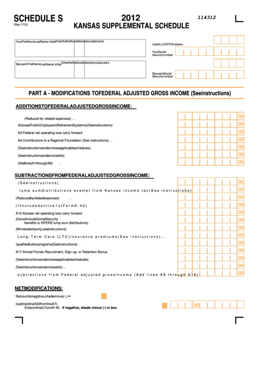 Fillable Form Schedule S Kansas Supplemental Schedule 2012 