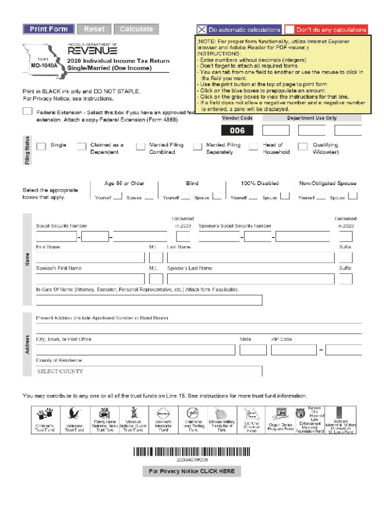 Fillable Missouri Income Tax Forms Printable Forms Free Online