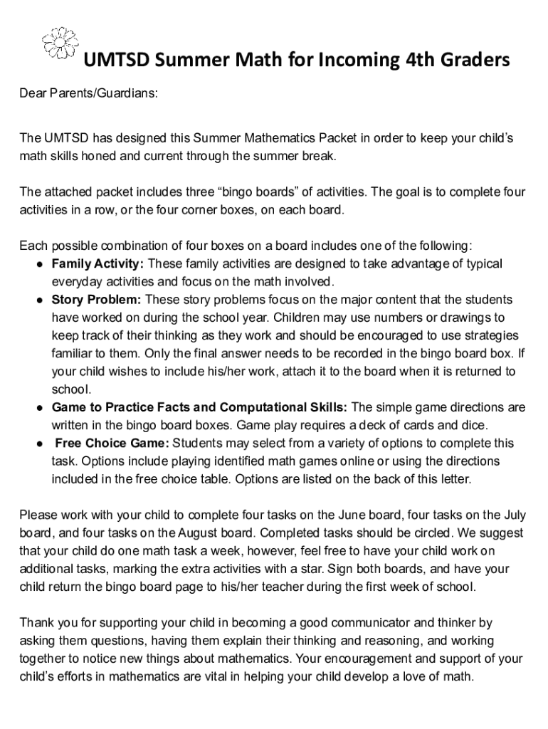 Fillable Online Incoming 4th Grader Summer Math Packet Fax Email Print 