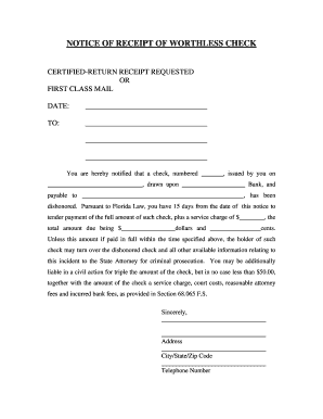 Fillable Online NOTICE OF RECEIPT OF WORTHLESS CHECK State Fax Email 