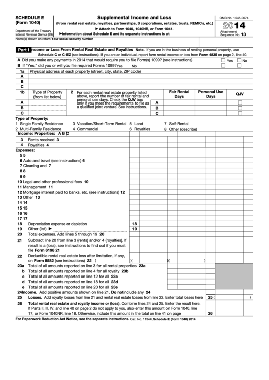 Fillable Schedule E Form 1040 Supplemental Income And 1040 Form Printable