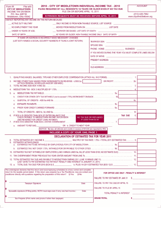 Form Ir Individual Income Tax City Of Middletown 2010 Printable 