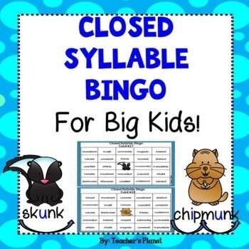 FREE Closed Syllable Bingo OG Games With Vocabulary Clues Self 