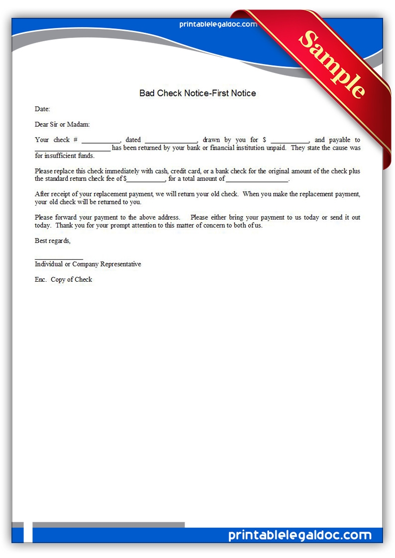 Free Printable Bad Check Notice First Notice Form GENERIC 