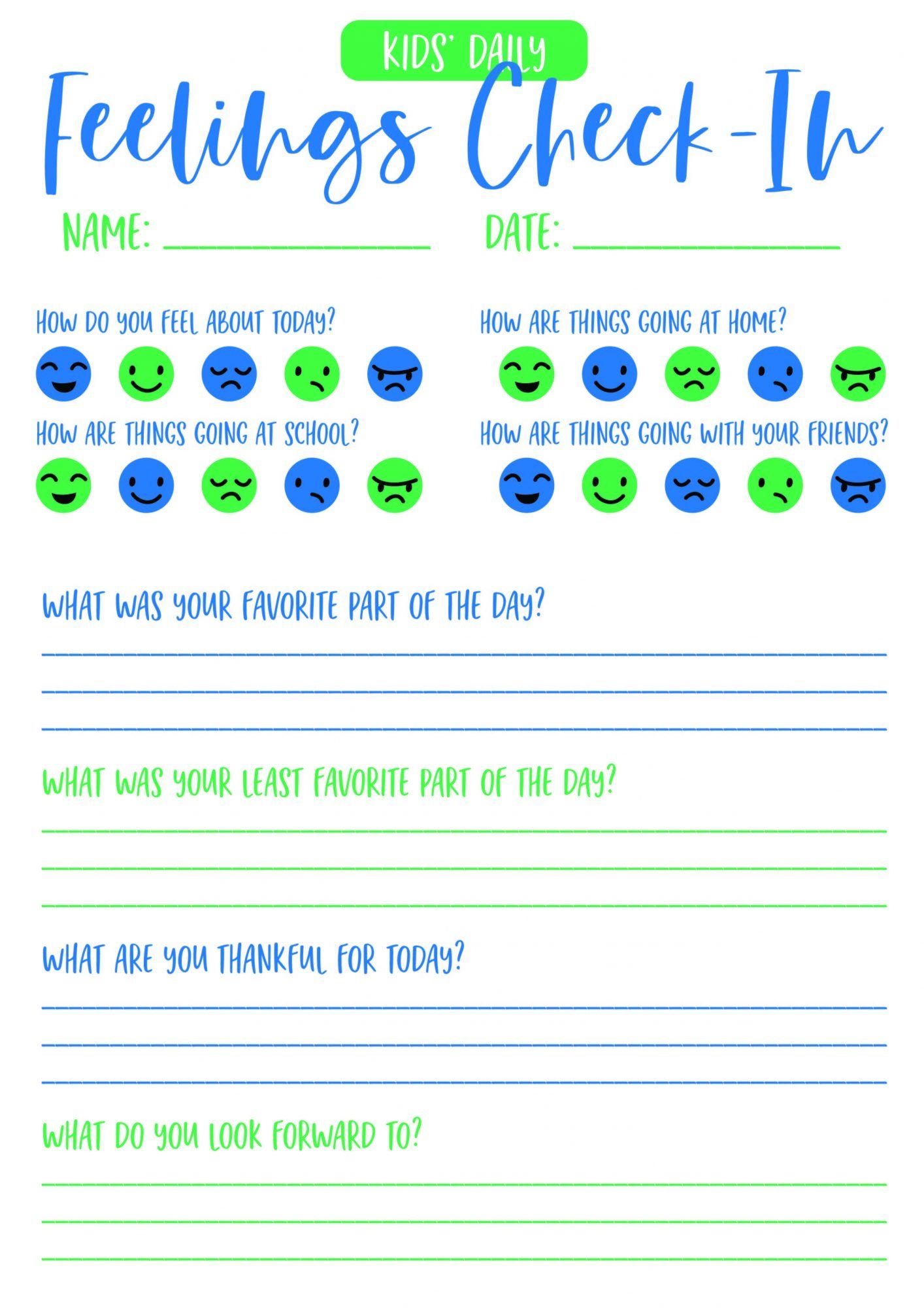 Free Printable Daily Feelings Check In For Kids Artofit