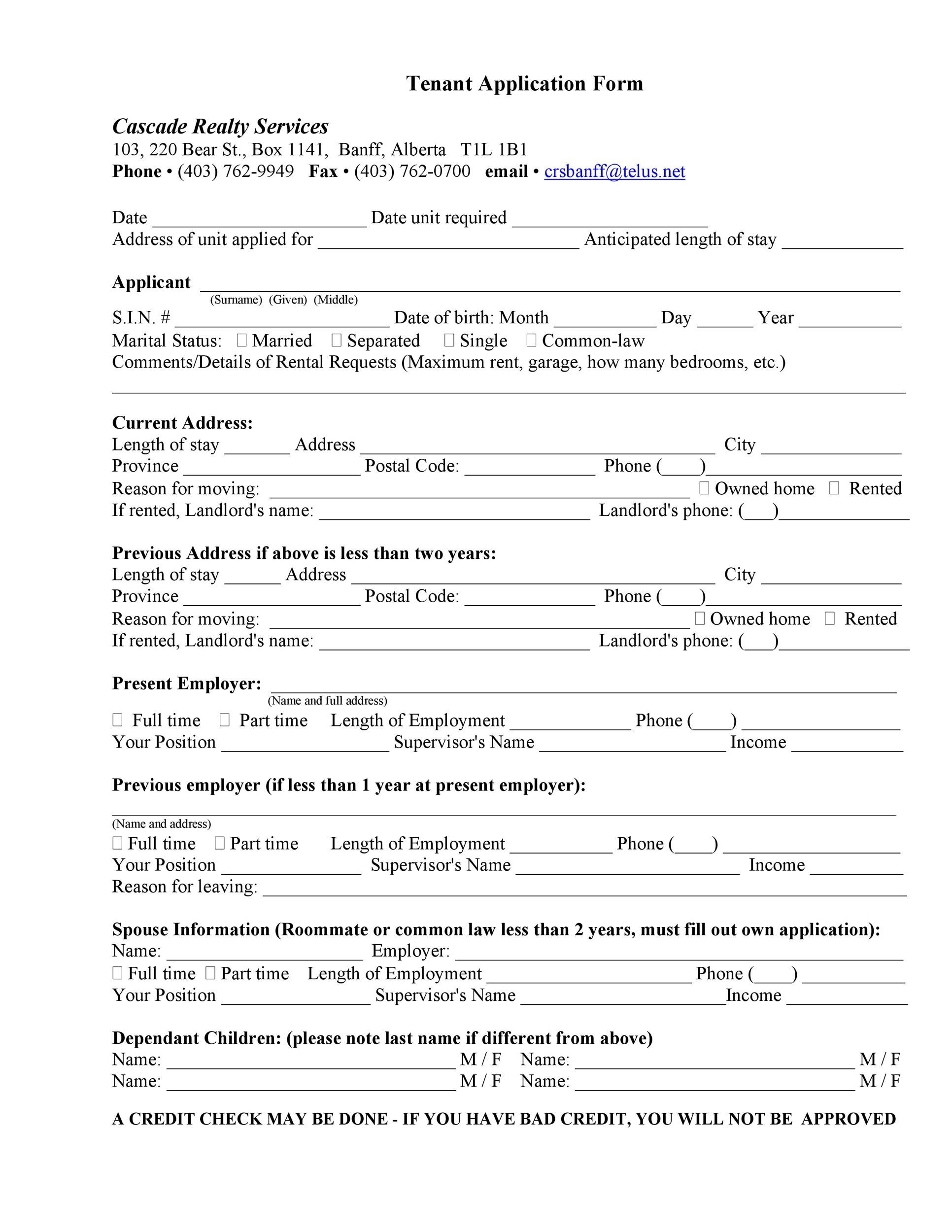 Free Printable Tenant Application Form Printable Application