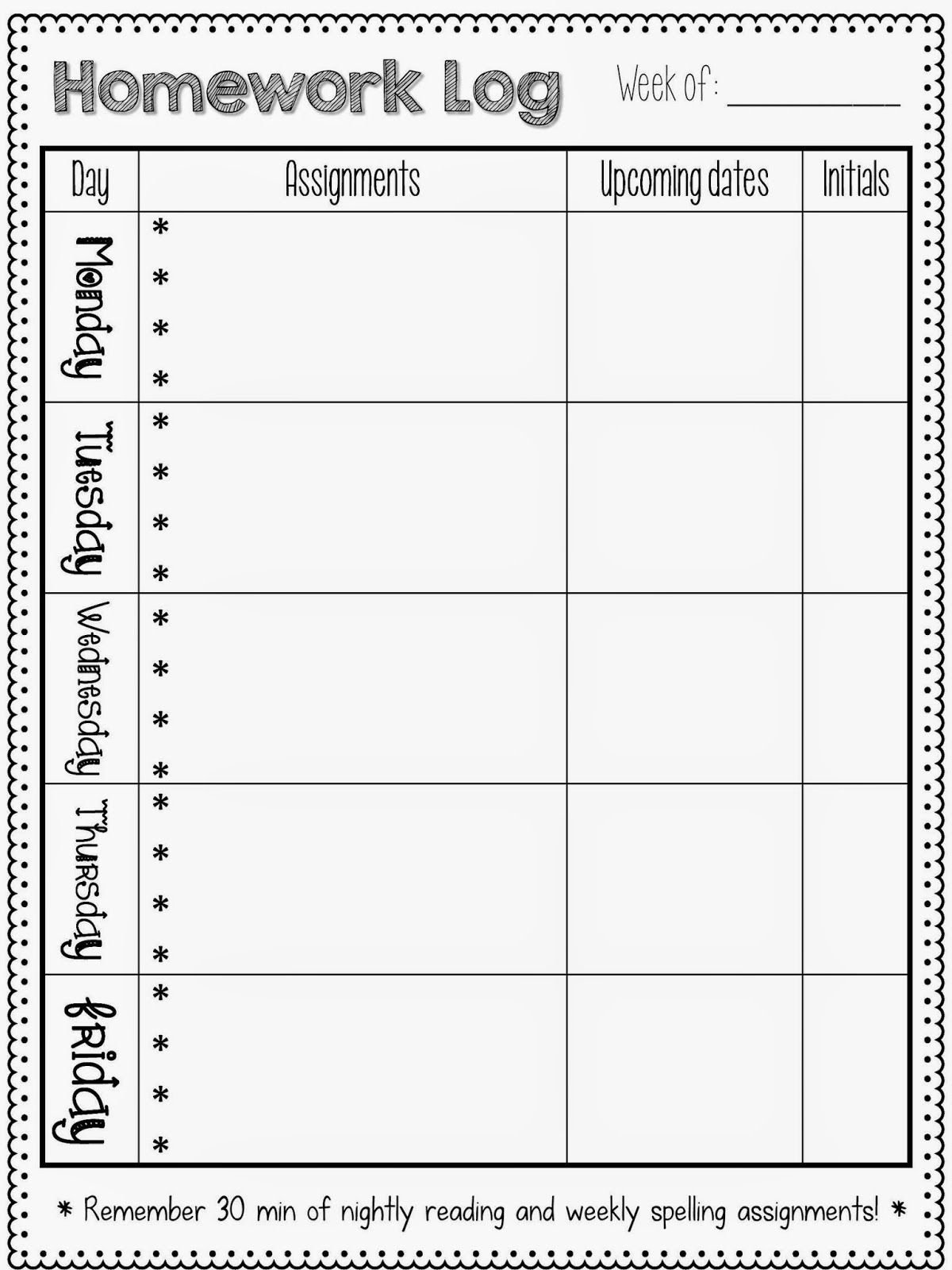 Homework Logs Homework Planner Homework Log Homework Template