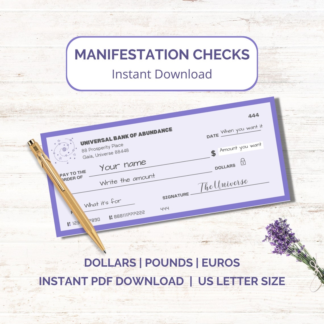 Manifestation Printable Checks Law Of Attraction Financial Wellness 