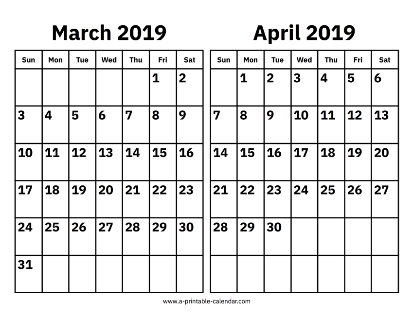 March And April 2019 Calendar Printable Calendar 2019