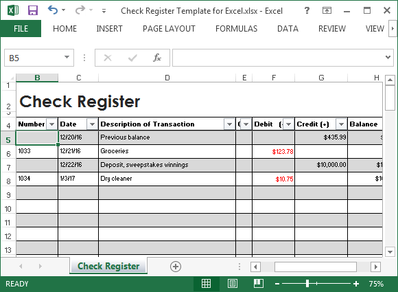 Microsoft Printable Excel Horizontal Checkbook Register Template 