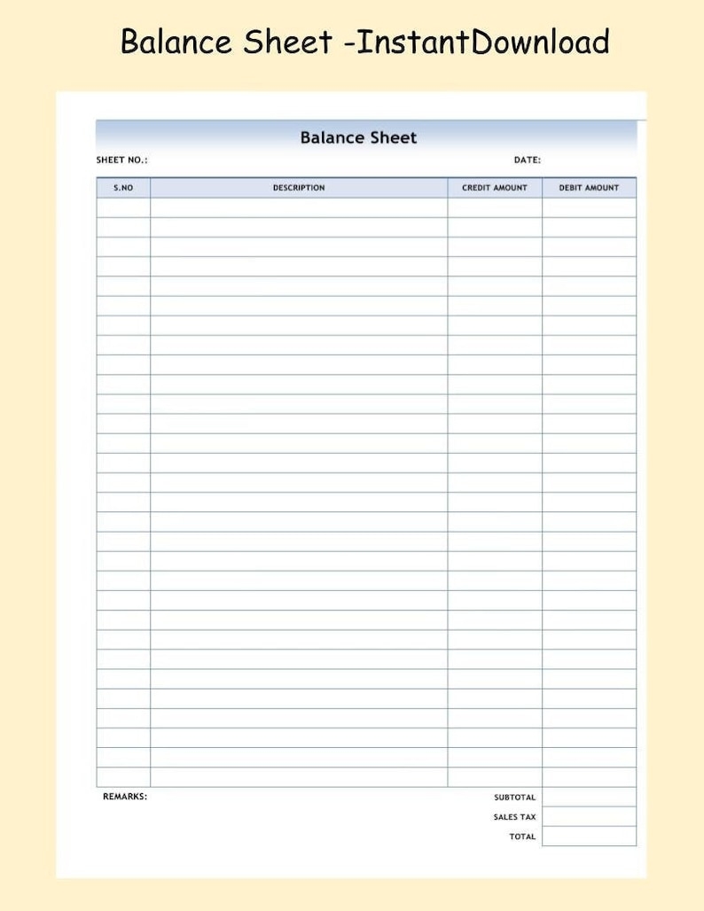Printable Balance Sheet ledger Sheet Small Business Accounting Form PDF 