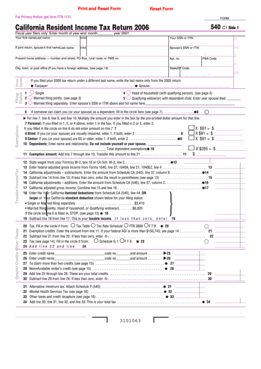 Printable Ca Form 540 Resident Income Tax Return Pdf Formswift 