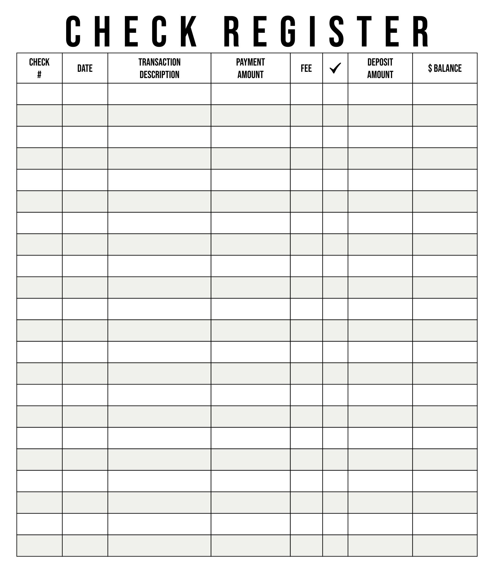 Printable Check Register Sheets