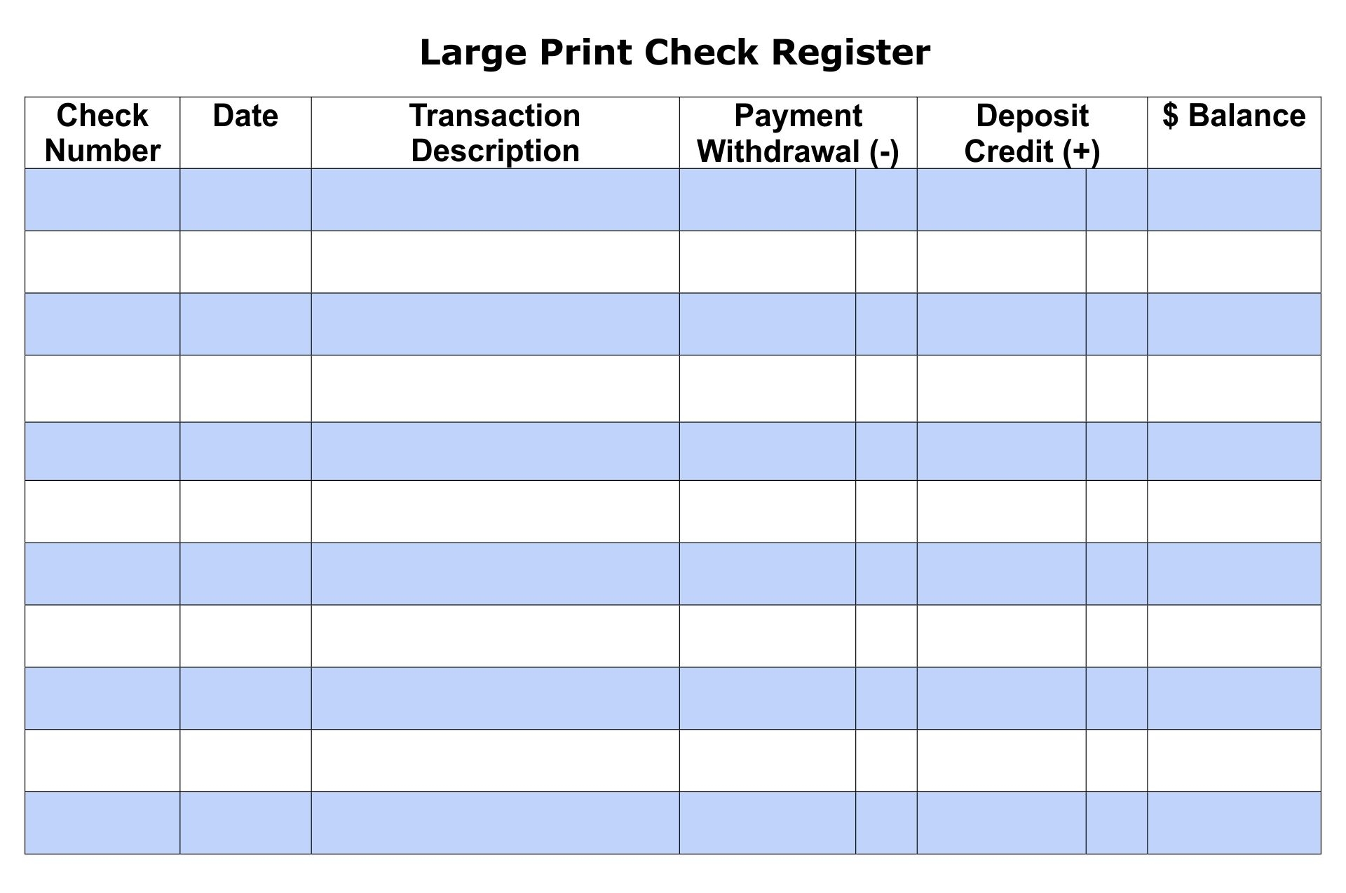 Printable Checkbook Transaction Register