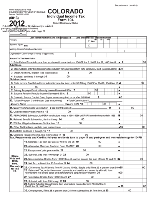 Printable Colorado Income Tax Form 104 Printable Forms Free Online