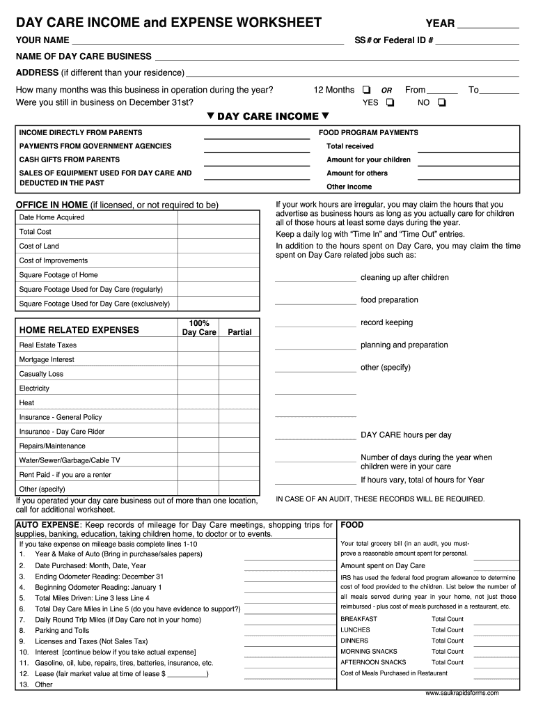 Printable Daycare Income And Expense Worksheet Printable Word Searches