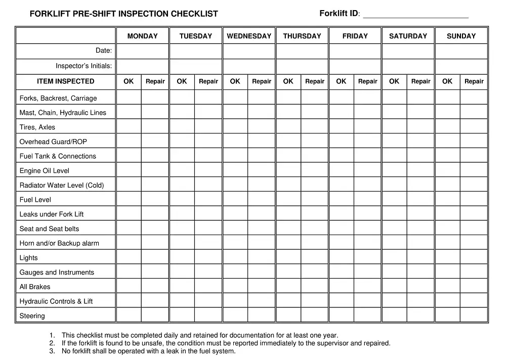 Printable Forklift Inspection Checklist Udlvirtual esad edu br