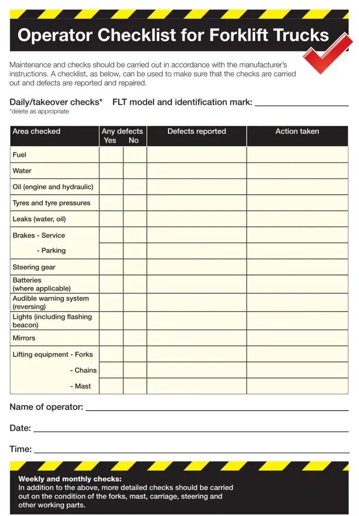 Printable Forklift Safety Checklist Lights Crystal