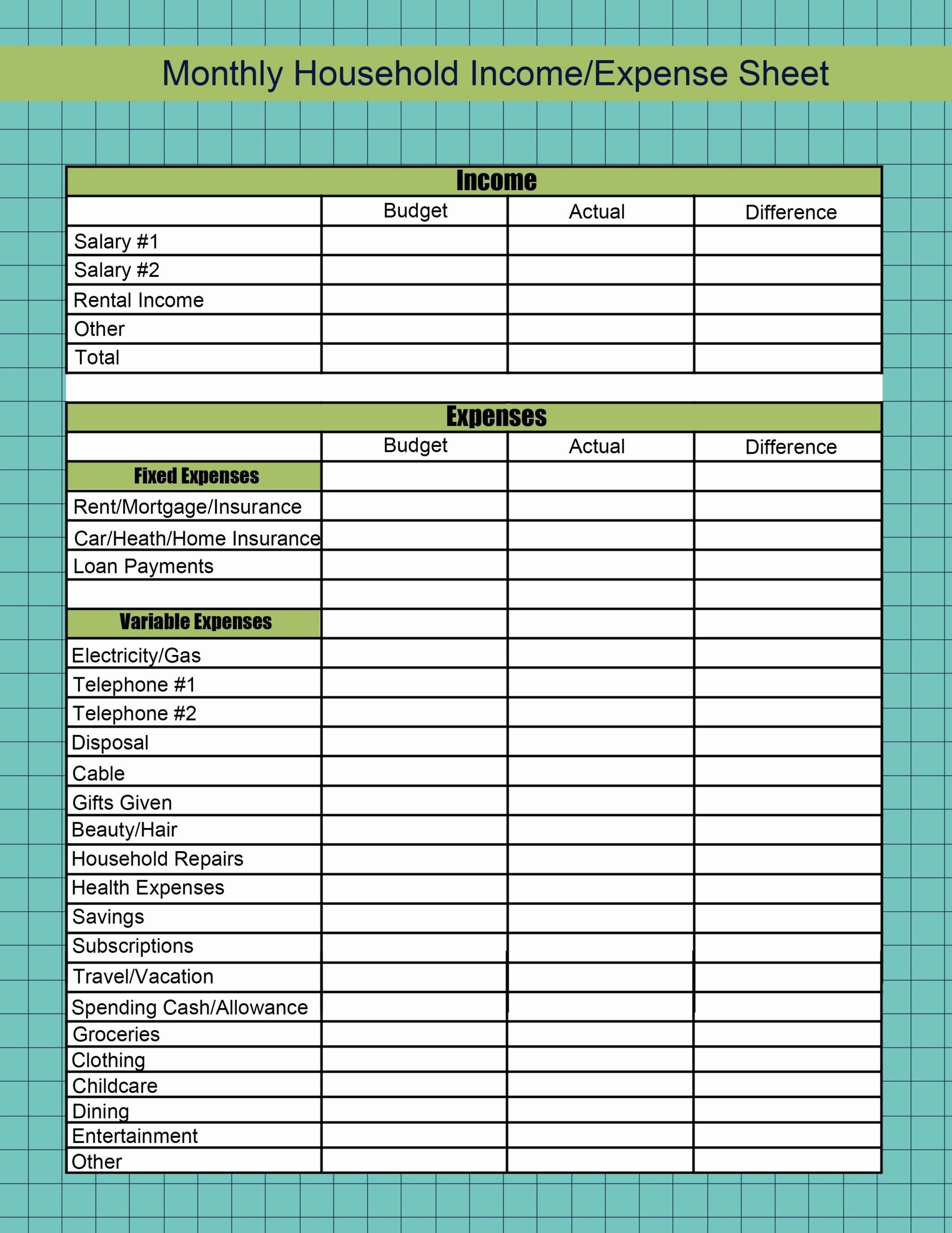 Printable Income And Expense Sheet