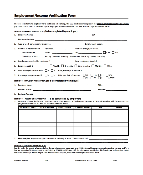 Printable Income Verification Form