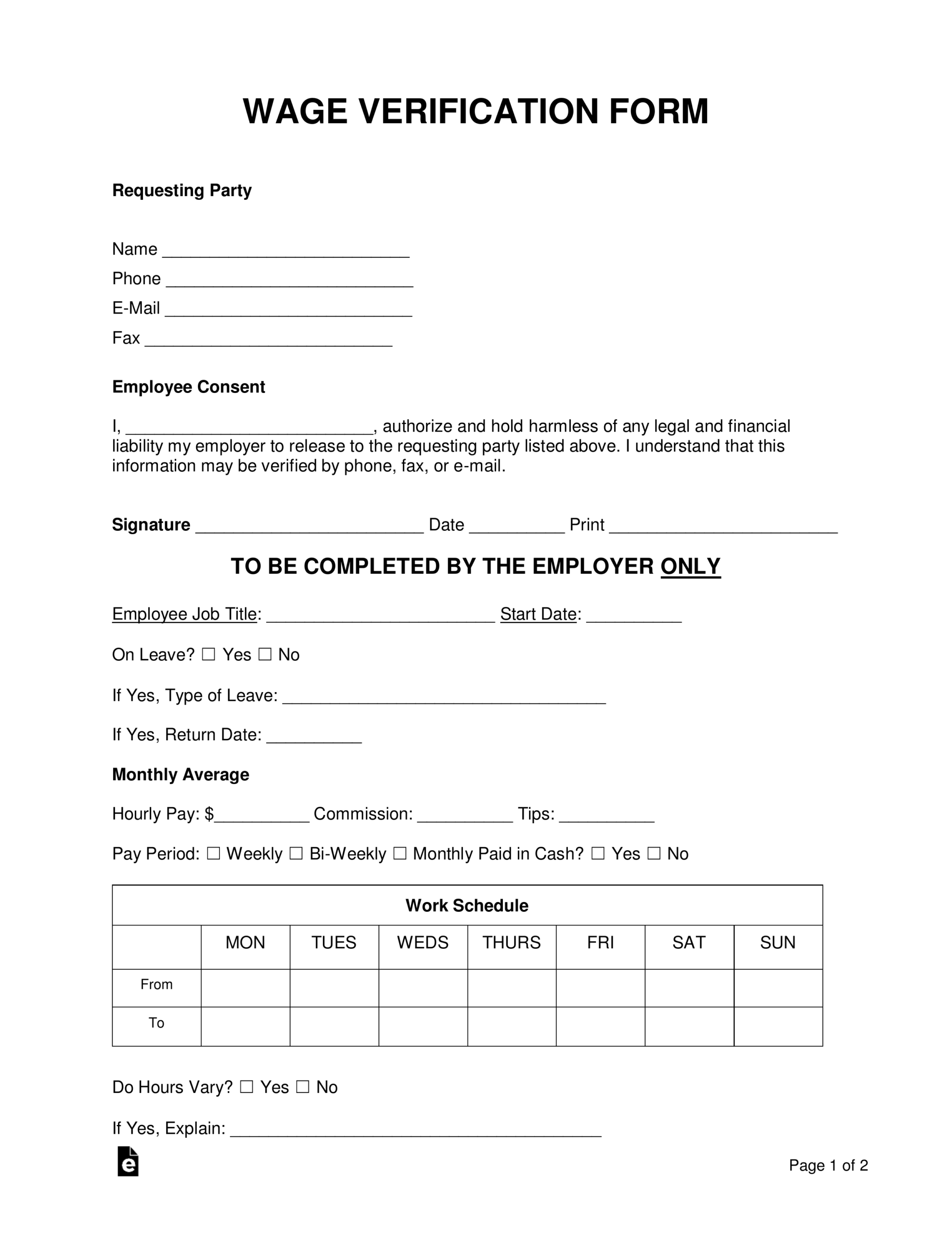 Printable Income Verification Form