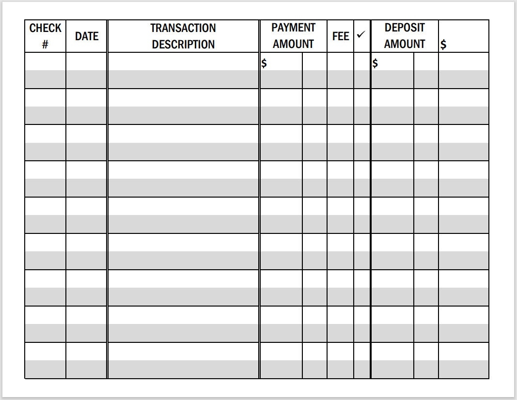 Printable LARGE PRINT Checkbook Register PDF File Prints 
