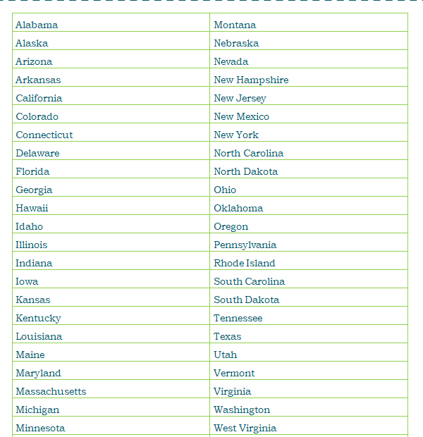 Printable List Of 50 US States