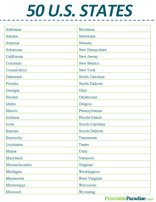 Printable List Of 50 US States