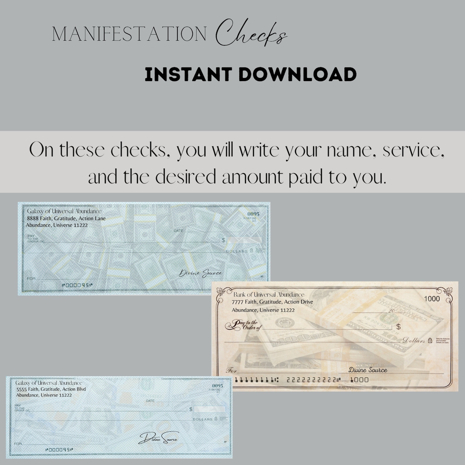 Printable Manifestation Checks Law Of Attraction Checks Abundance 