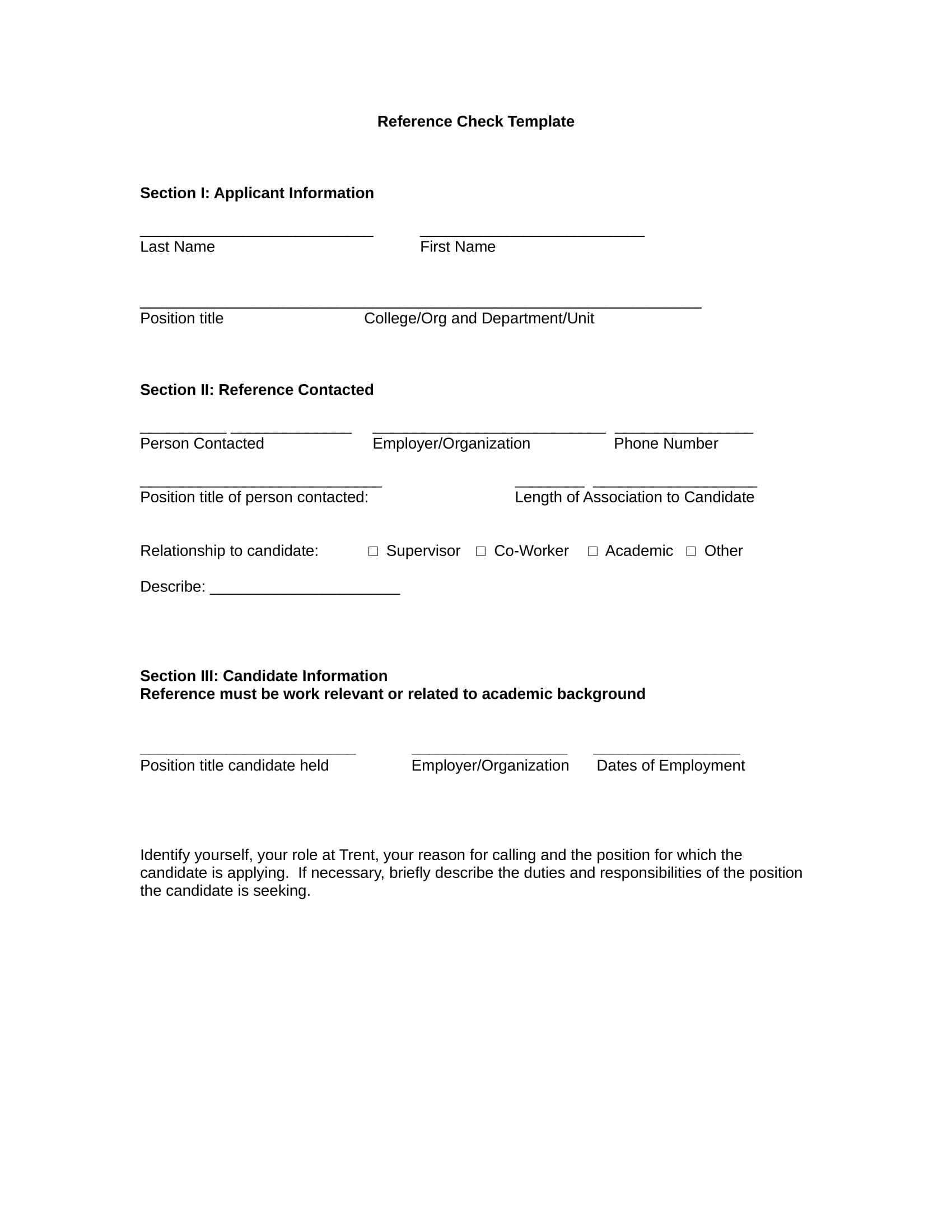 Printable Reference Check Form Template Printable Templates