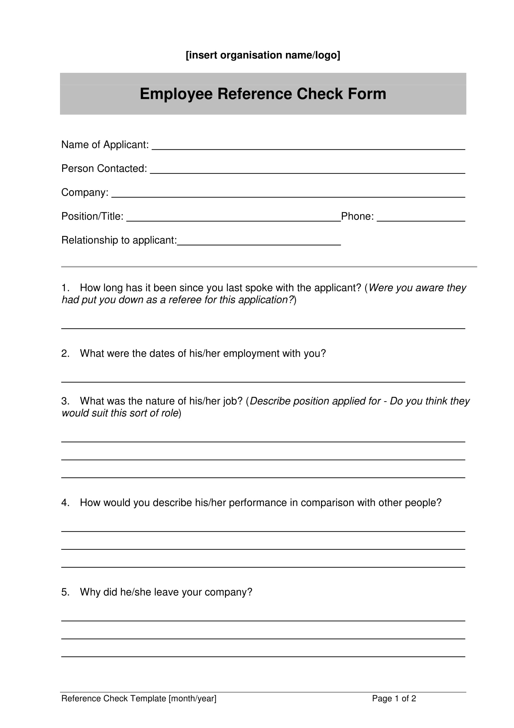 Printable Reference Check Form Template Printable Templates