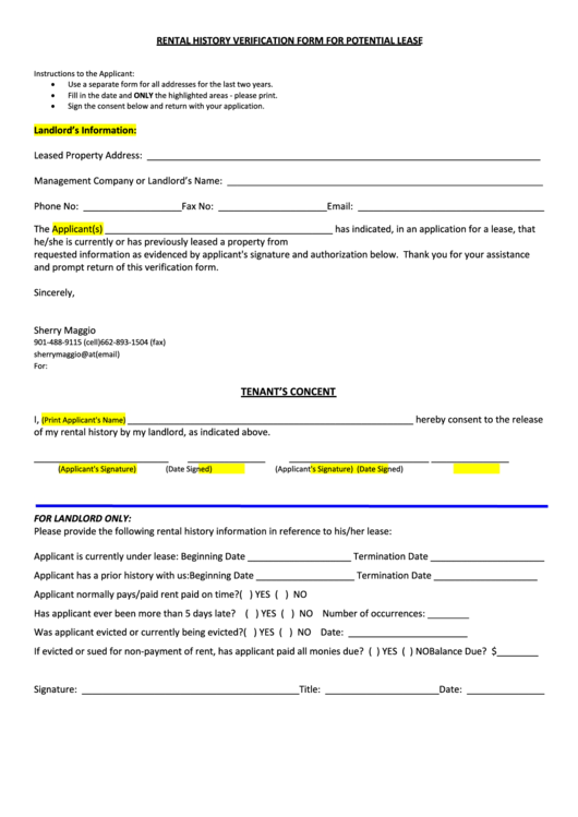 Printable Rental History Verification Form Printable Forms Free Online