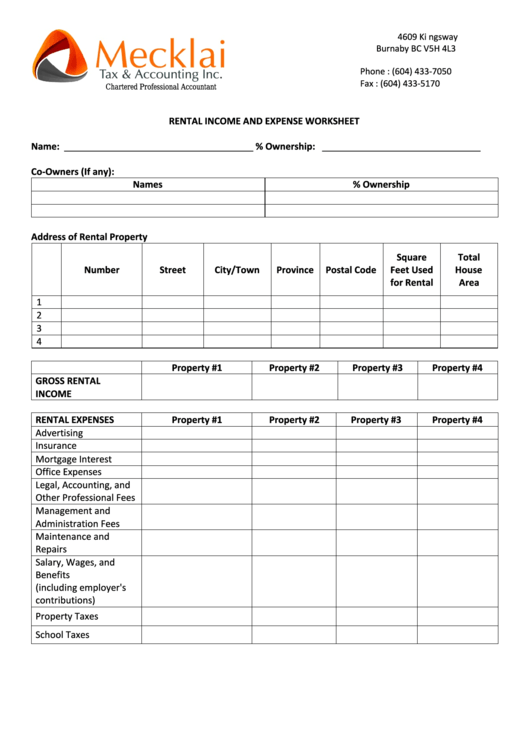 Printable Rental Income And Expense Worksheet