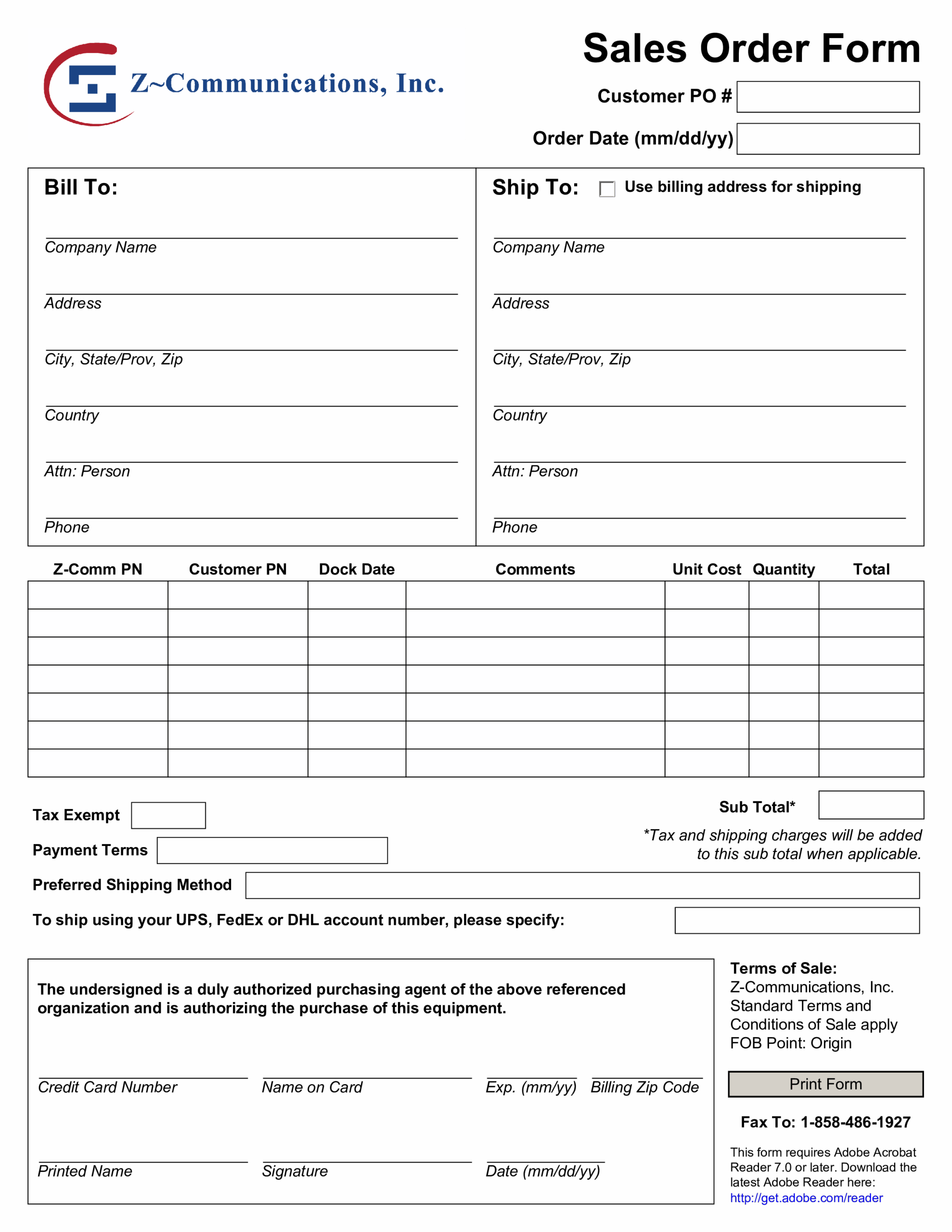 Printable Sales Order Form Template