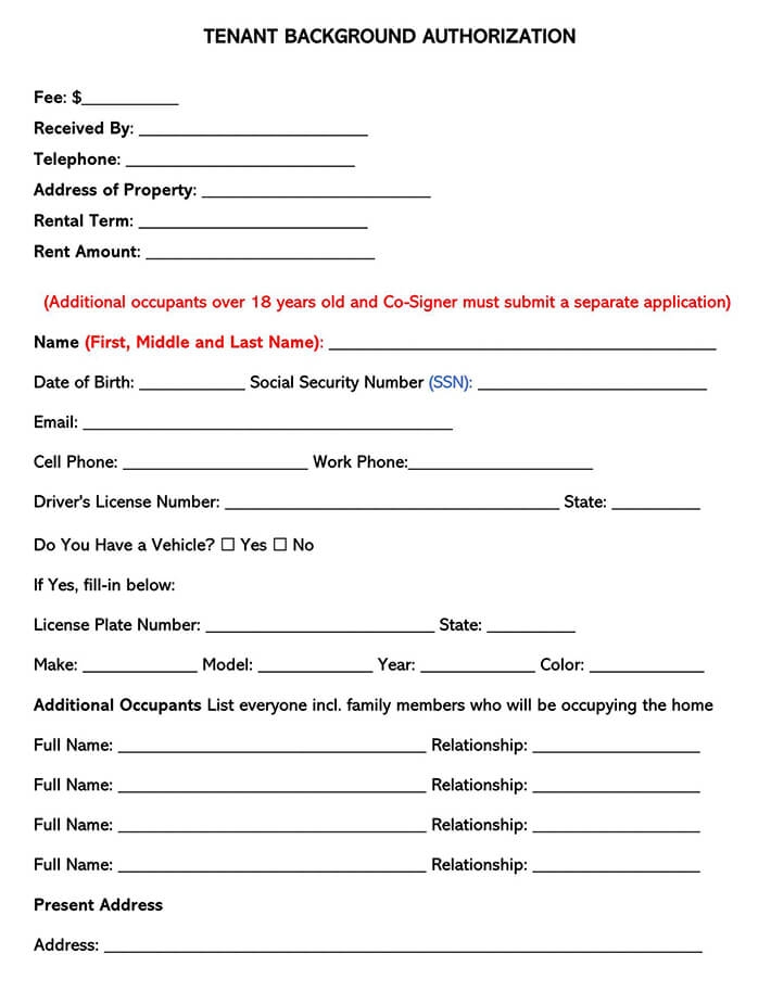 Printable Tenant Background Check Form